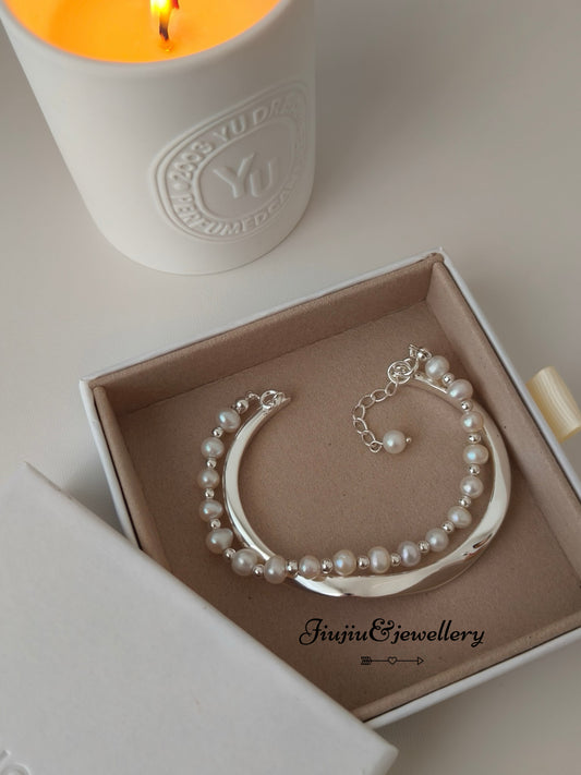 S925 Silver Pearl Bracelet Bangle