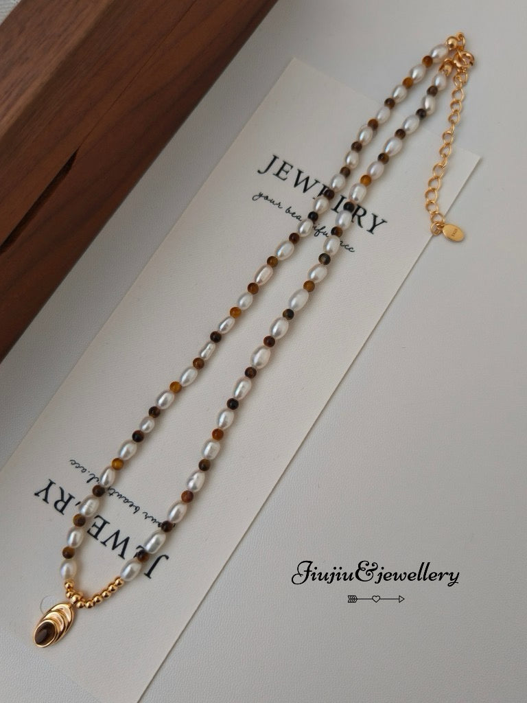 Tiger Eye Stone Pearl Necklace