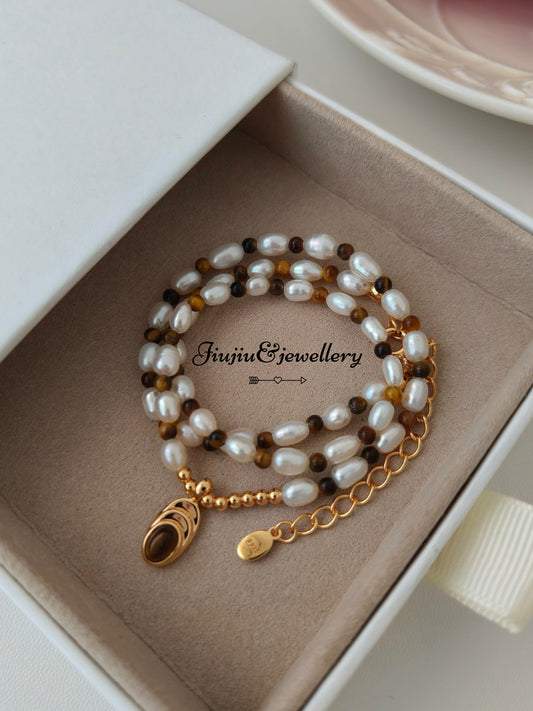 Tiger Eye Stone Pearl Necklace