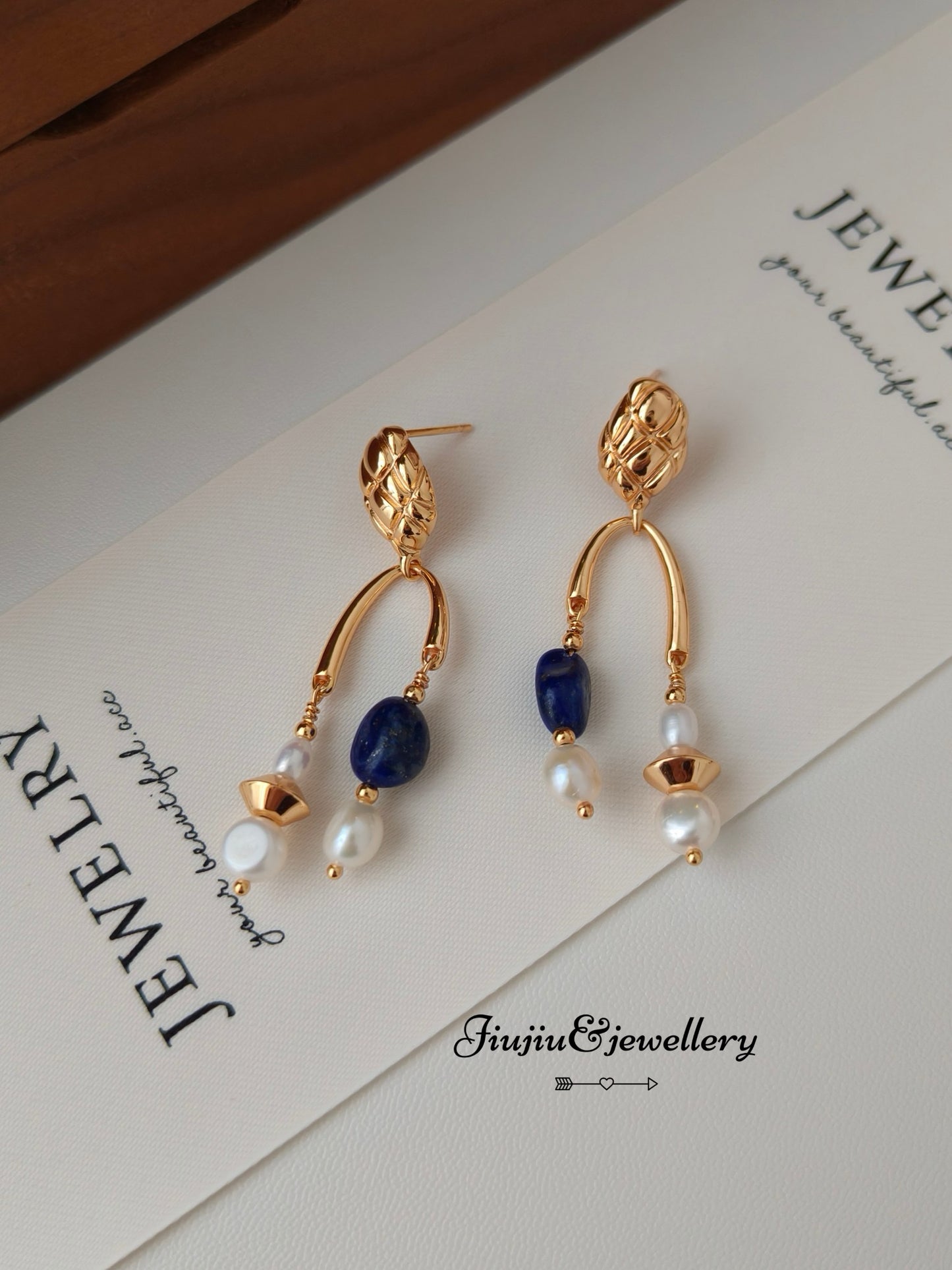 Herringbone Lapis Lazuli Pearl Earrings