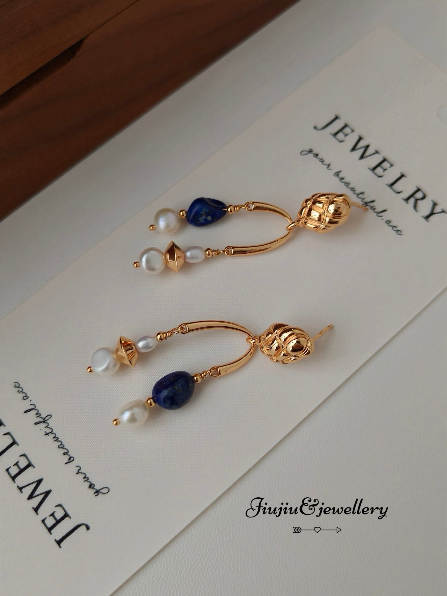 Herringbone Lapis Lazuli Pearl Earrings