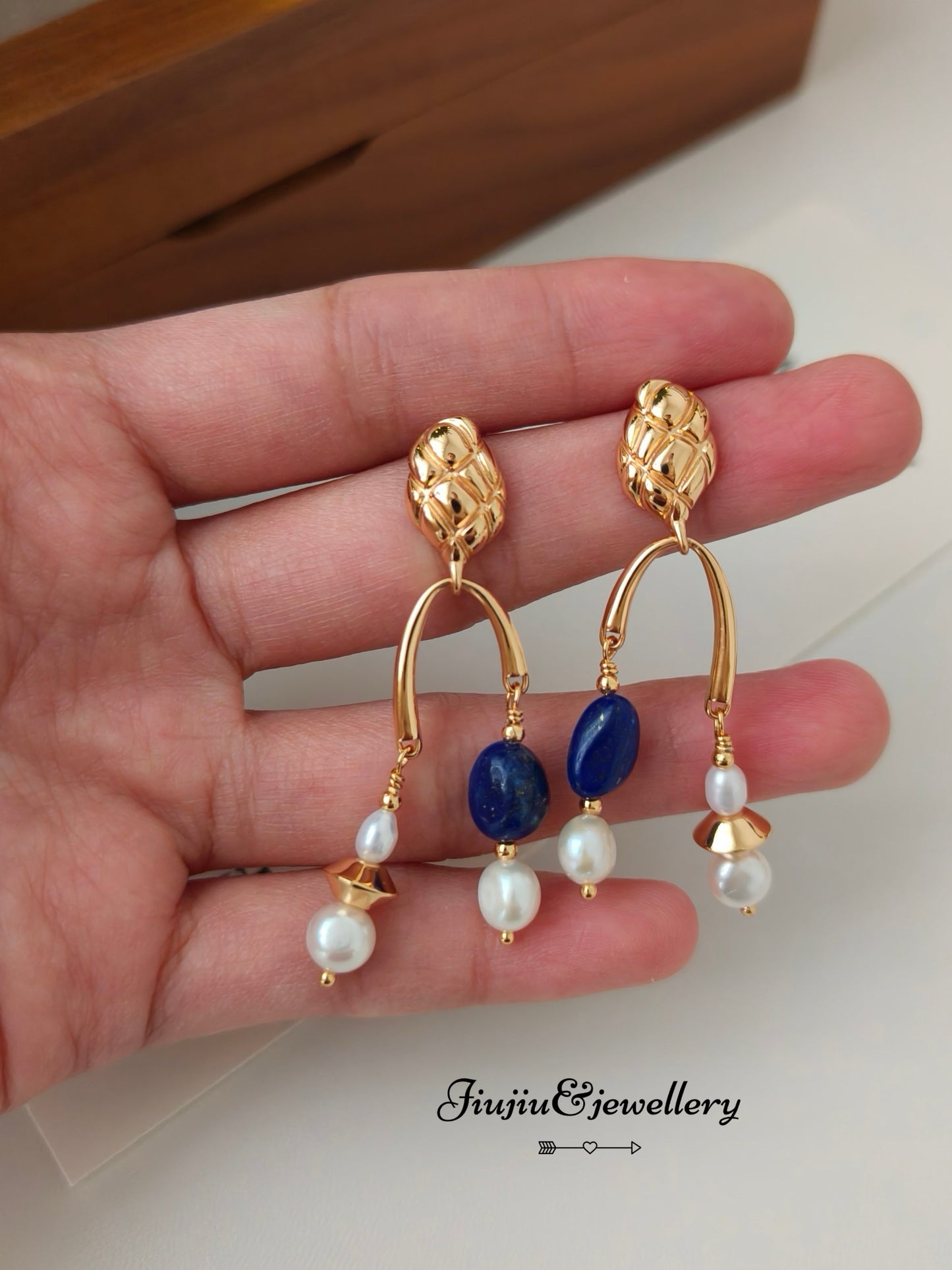 Herringbone Lapis Lazuli Pearl Earrings