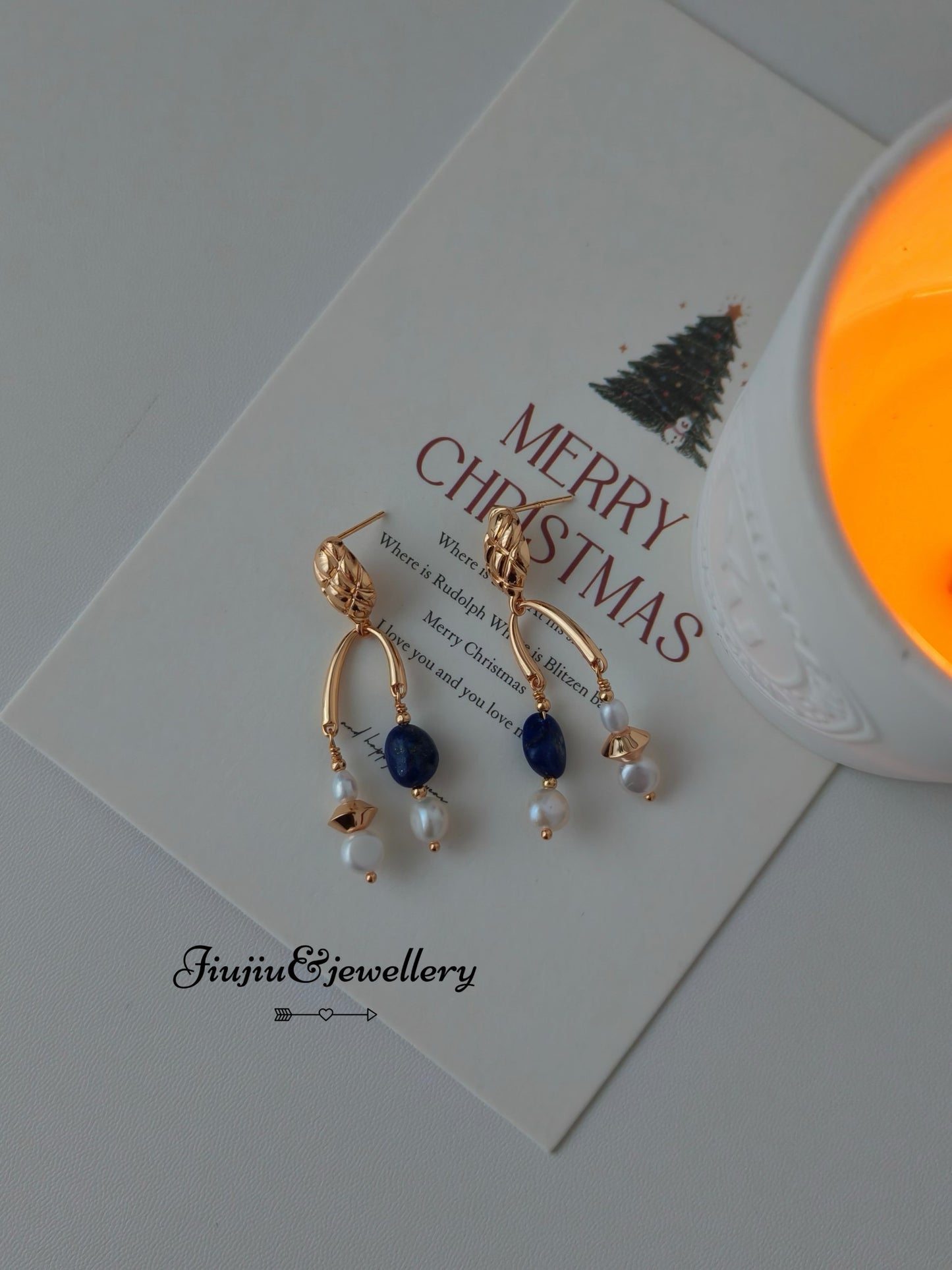 Herringbone Lapis Lazuli Pearl Earrings