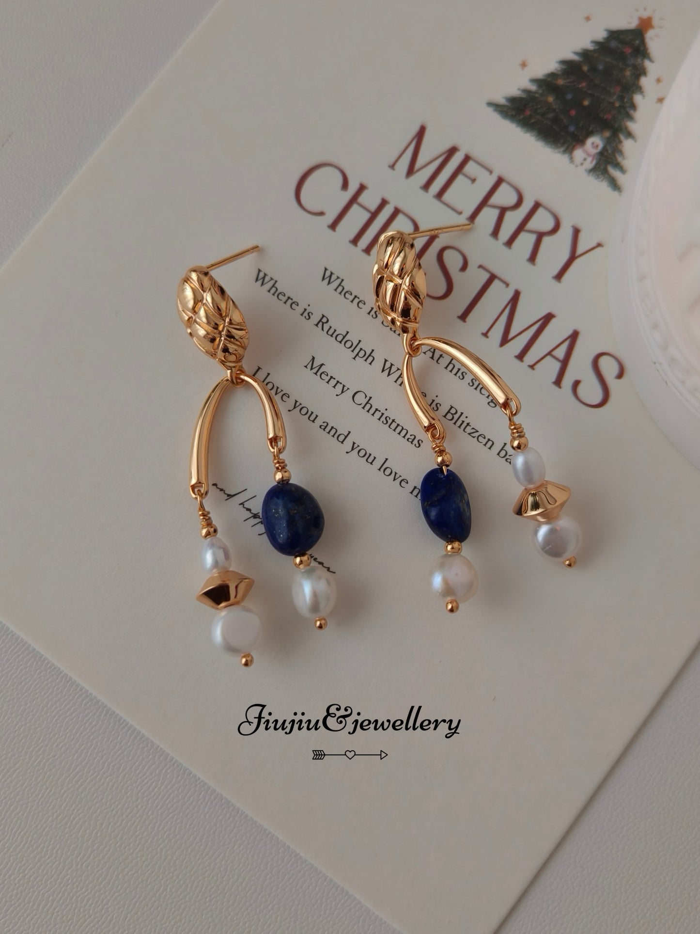 Herringbone Lapis Lazuli Pearl Earrings