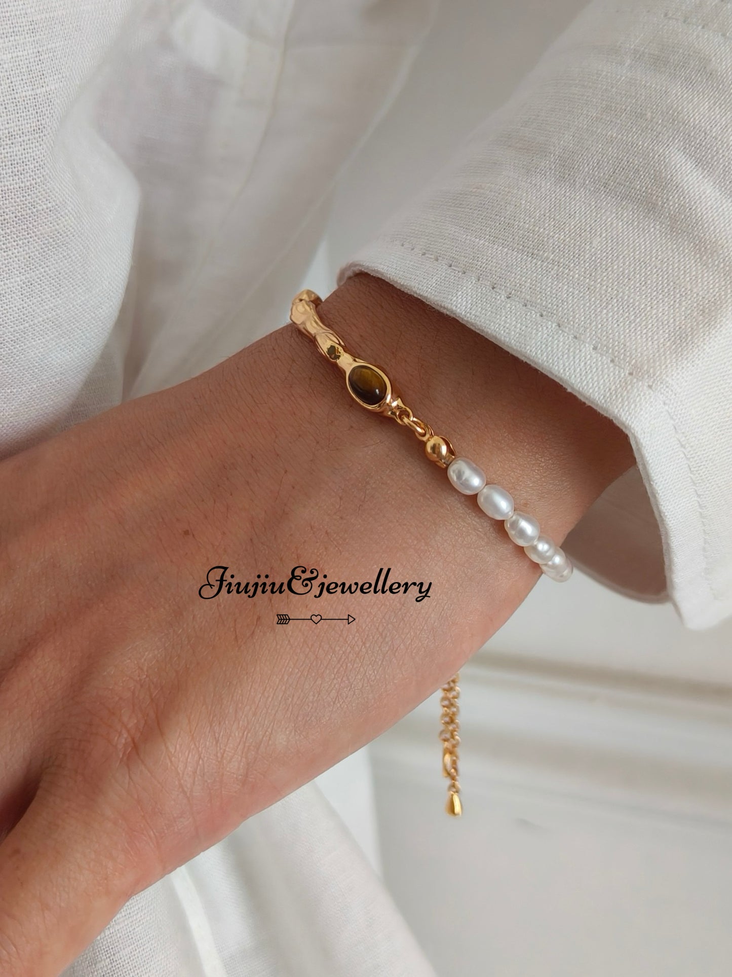 Tree Branch Tiger Eye Stone & Pearl Bracelet