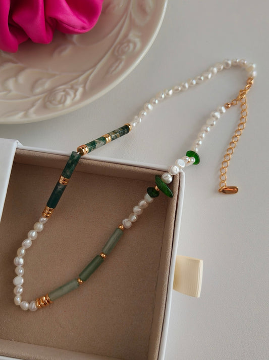 Watercress Agate Pearl Necklace